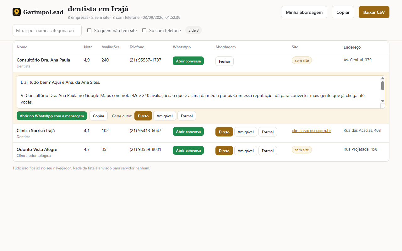 Linha da página de resultados com a mensagem de abordagem montada, botão de abrir no WhatsApp e os três tons