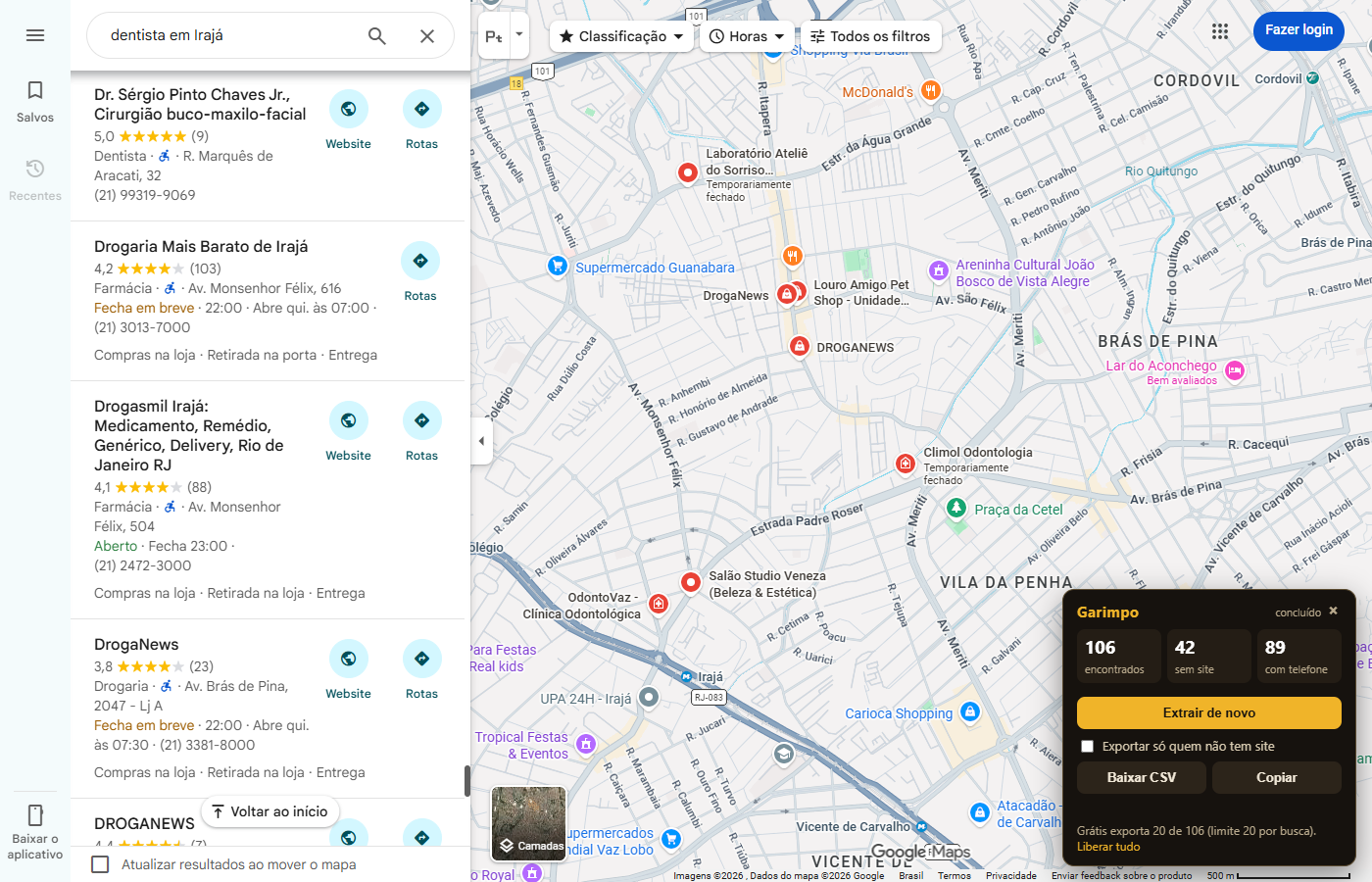 Google Maps com a lista de resultados e o painel do Garimpo no canto