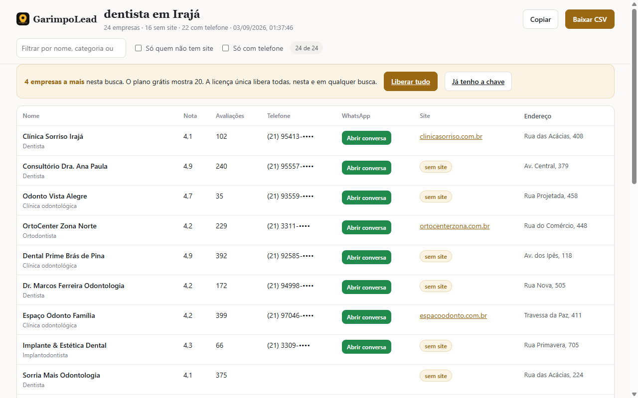 Página de resultados do GarimpoLead com a lista de empresas, filtros e botão de WhatsApp em cada linha